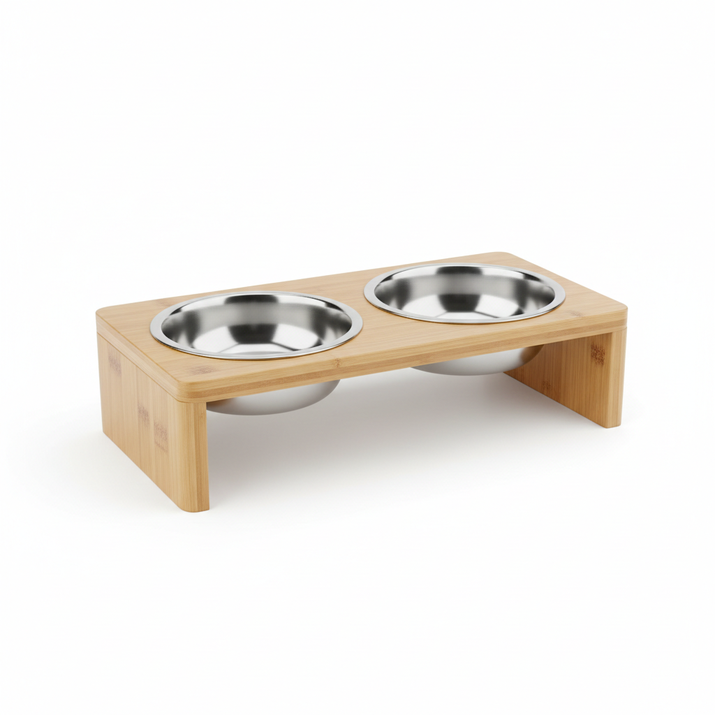 Comedouro elevado com tigelas de aço inox e suporte de bambu